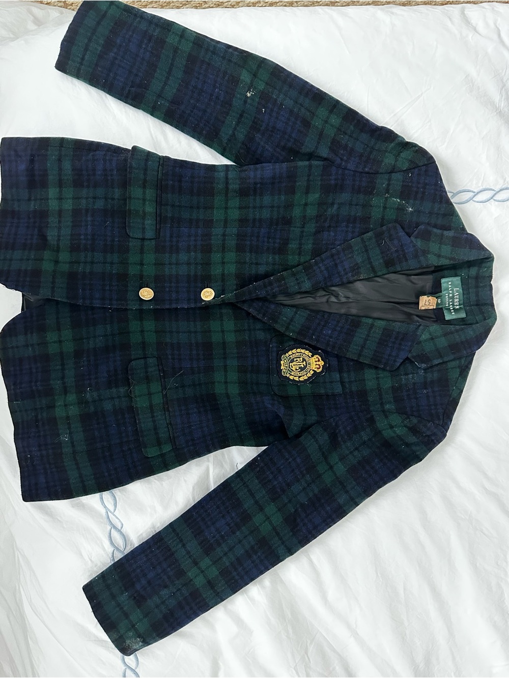 Ralph Lauren Green & Navy Plaid Crest Blazer with Gold Buttons